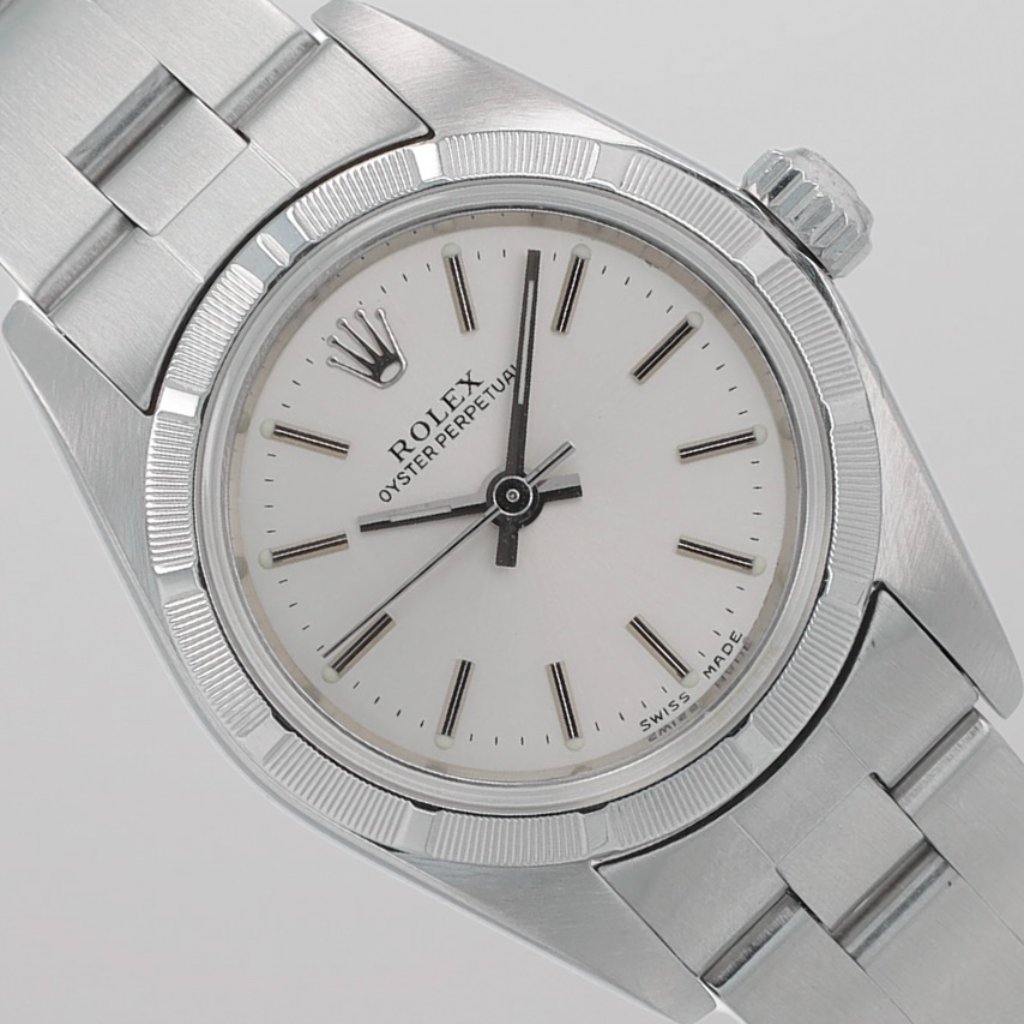Rolex Ladies Oyster Perpetual Steel Silver Index Dial EngineTurned Oyster 76030